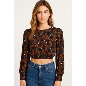 House of Harlow 1960 Womens XS Cropped Blouse Abstract Print Long Sleeve Top